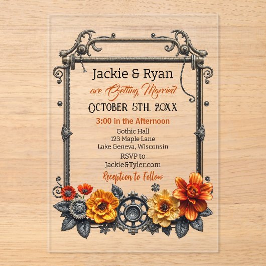 スチームパンクギアと花をテーマ結婚にした アクリル招待状 (正面)