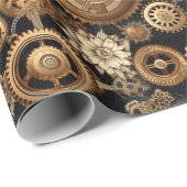 スチームパンクギアと花柄 ラッピングペーパー (ロールコーナー)