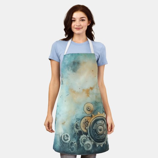 スチームパンクギア水彩 – 時計加工 エプロン (着用した状態)