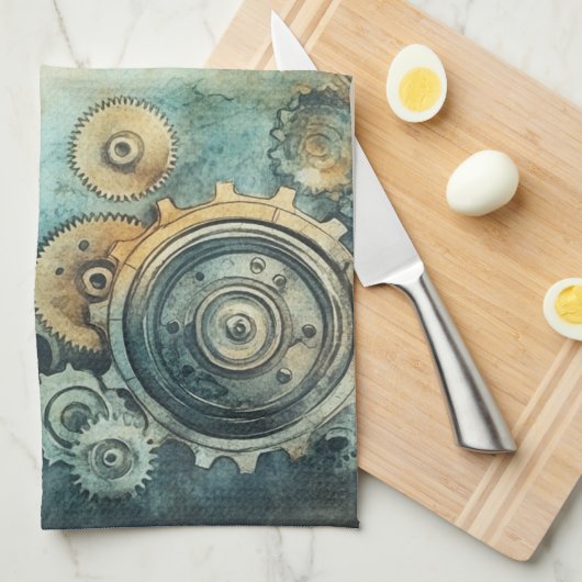スチームパンクギア水彩 – 時計加工 キッチンタオル (四つ折り)