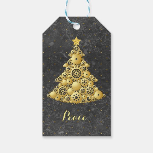 スチームパンクギア金ゴールドクリスマスツリー ギフトタグ (正面)