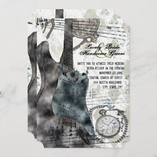 スチームパンクギタータイムミュージック結婚式招待状 招待状 (正面/裏面)