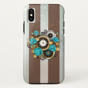 スチームパンククロックとターコイズバラオンストライプの iPhone X ケース