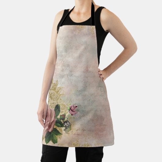 スチームパンクグラム |ピンクと金ゴールドのバラ素朴フローラ エプロン (インサイチュ)