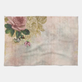 スチームパンクグラム |ピンクと金ゴールドのバラ素朴フローラ キッチンタオル (横)