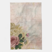 スチームパンクグラム |ピンクと金ゴールドのバラ素朴フローラ キッチンタオル (縦)
