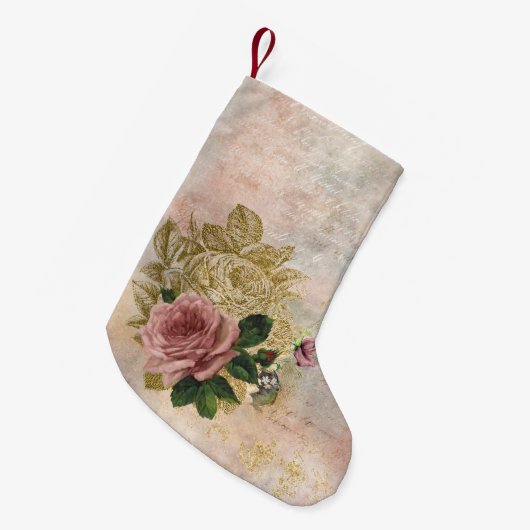 スチームパンクグラム |ピンクと金ゴールドのバラ素朴フローラ スモールクリスマスストッキング (正面 (吊り時))