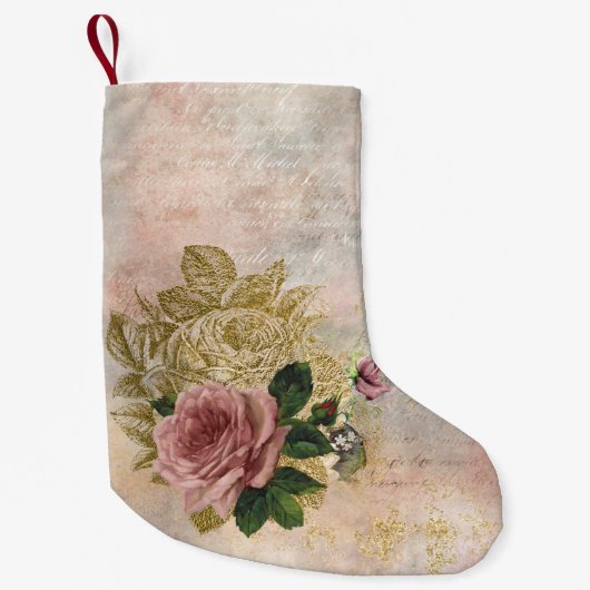 スチームパンクグラム |ピンクと金ゴールドのバラ素朴フローラ スモールクリスマスストッキング (正面)
