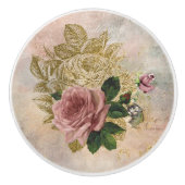 スチームパンクグラム |ピンクと金ゴールドのバラ素朴フローラ セラミックノブ (正面)