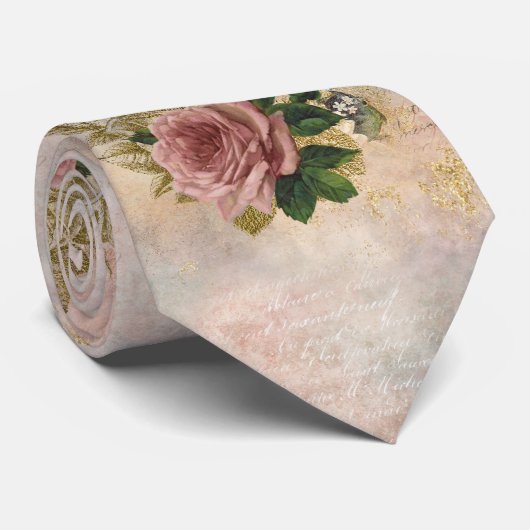 スチームパンクグラム |ピンクと金ゴールドのバラ素朴フローラ ネクタイ (ロール)