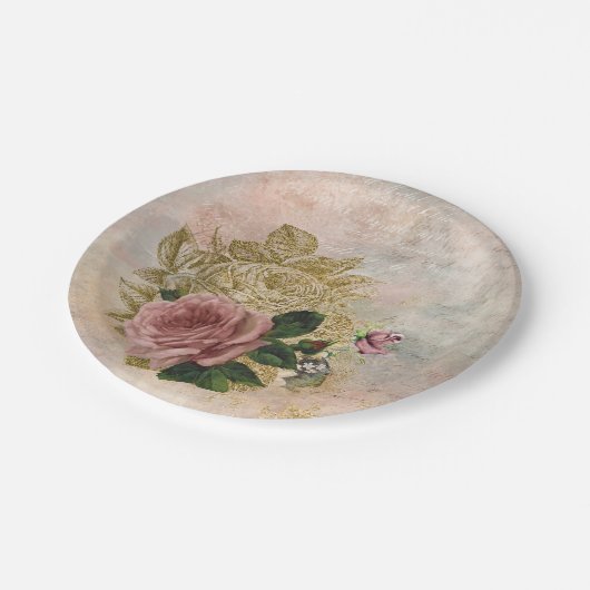 スチームパンクグラム |ピンクと金ゴールドのバラ素朴フローラ ペーパープレート (アングル)