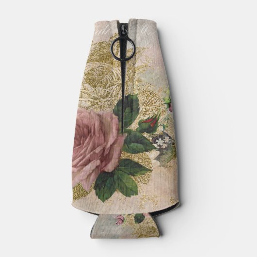 スチームパンクグラム |ピンクと金ゴールドのバラ素朴フローラ ボトルクーラー (裏面)