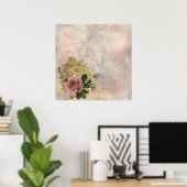 スチームパンクグラム |ピンクと金ゴールドのバラ素朴フローラ ポスター (ホームオフィス)