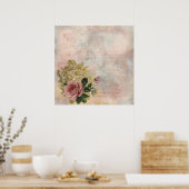 スチームパンクグラム |ピンクと金ゴールドのバラ素朴フローラ ポスター (キッチン)