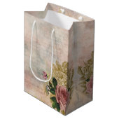 スチームパンクグラム |ピンクと金ゴールドのバラ素朴フローラ ミディアムペーパーバッグ (正面アングル)