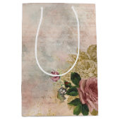 スチームパンクグラム |ピンクと金ゴールドのバラ素朴フローラ ミディアムペーパーバッグ (正面)