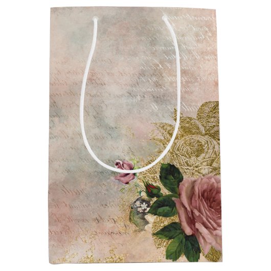 スチームパンクグラム |ピンクと金ゴールドのバラ素朴フローラ ミディアムペーパーバッグ (正面)