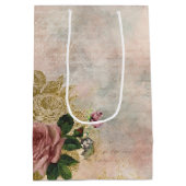 スチームパンクグラム |ピンクと金ゴールドのバラ素朴フローラ ミディアムペーパーバッグ (裏面)