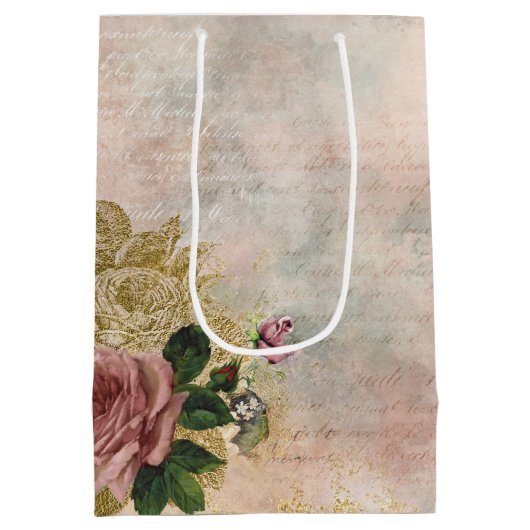 スチームパンクグラム |ピンクと金ゴールドのバラ素朴フローラ ミディアムペーパーバッグ (裏面)