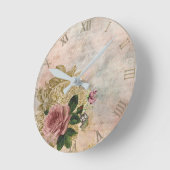 スチームパンクグラム |ピンクと金ゴールドのバラ素朴フローラ ラウンド壁時計 (傾斜)