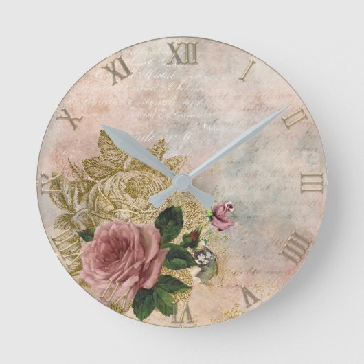スチームパンクグラム |ピンクと金ゴールドのバラ素朴フローラ ラウンド壁時計 (正面)