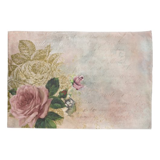 スチームパンクグラム |ピンクと金ゴールドのバラ素朴フローラ 枕カバー (裏面)