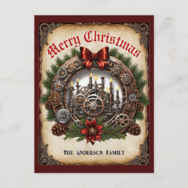 スチームパンクグリーナリーキャンドルリースコグスクリスマス シーズンポストカード