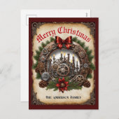 スチームパンクグリーナリーキャンドルリースコグスクリスマス シーズンポストカード (正面/裏面)