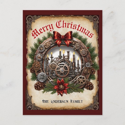 スチームパンクグリーナリーキャンドルリースコグスクリスマス シーズンポストカード (正面)