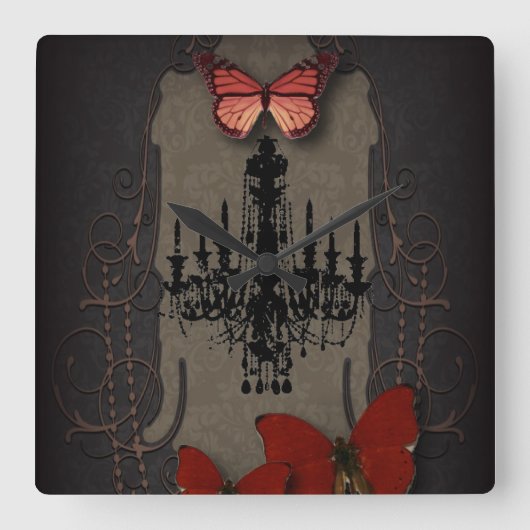 スチームパンクゴシックバタフライパリスヴィンテージシャンデリア スクエア壁時計 (正面)