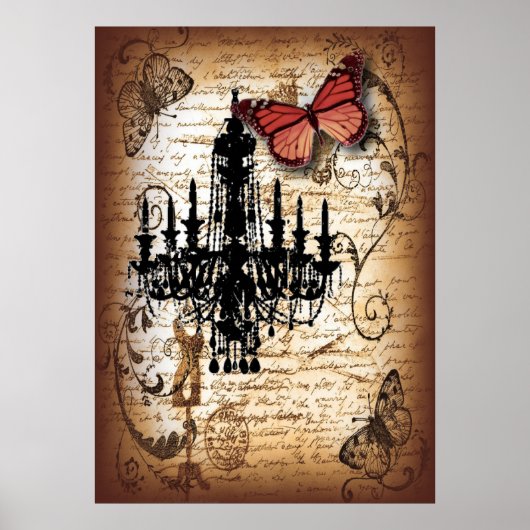 スチームパンクゴシックバタフライパリスヴィンテージシャンデリア ポスター (正面)