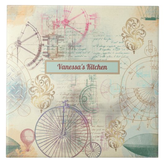 スチームパンクサイクル飛行船とツールキッチン タイル (正面)
