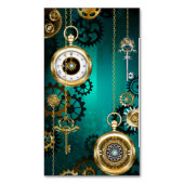 スチームパンクジュエリーが緑の背景で見守る マグネット名刺 (正面縦)