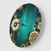 スチームパンクジュエリーが緑の背景で見守る ラージ壁時計 (傾斜)