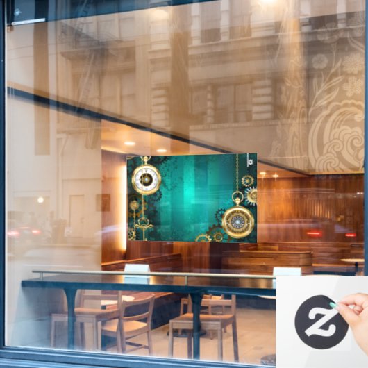 スチームパンクジュエリーウォッチを緑の背景 ウィンドウサイン (カフェ窓)