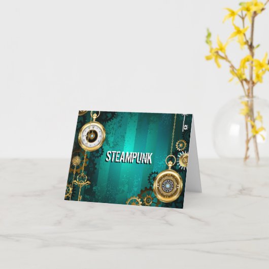 スチームパンクジュエリーウォッチを緑の背景 カード (黄色い花)