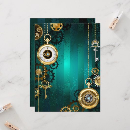スチームパンクジュエリーウォッチを緑の背景 カード (正面/裏面インサイチュ)