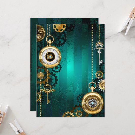 スチームパンクジュエリーウォッチを緑の背景 カード (正面/裏面インサイチュ)