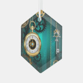 スチームパンクジュエリーウォッチを緑の背景 ガラスオーナメント (正面左)