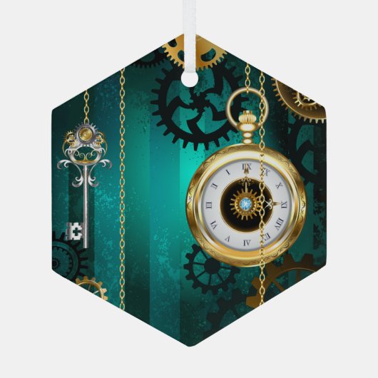 スチームパンクジュエリーウォッチを緑の背景 ガラスオーナメント (裏面)