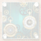 スチームパンクジュエリーウォッチを緑の背景 ガラスコースター (裏面)