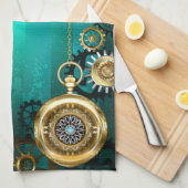 スチームパンクジュエリーウォッチを緑の背景 キッチンタオル (四つ折り)