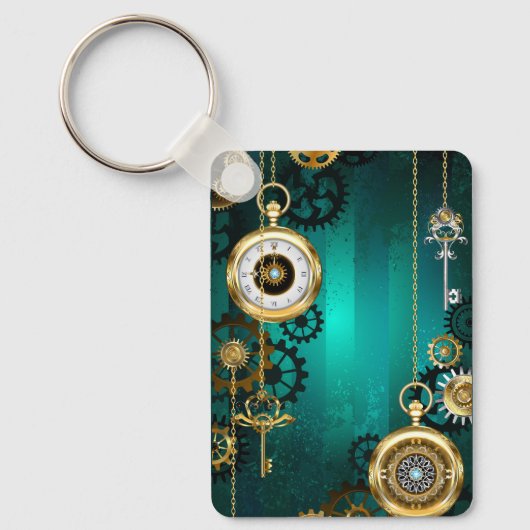 スチームパンクジュエリーウォッチを緑の背景 キーホルダー (正面)