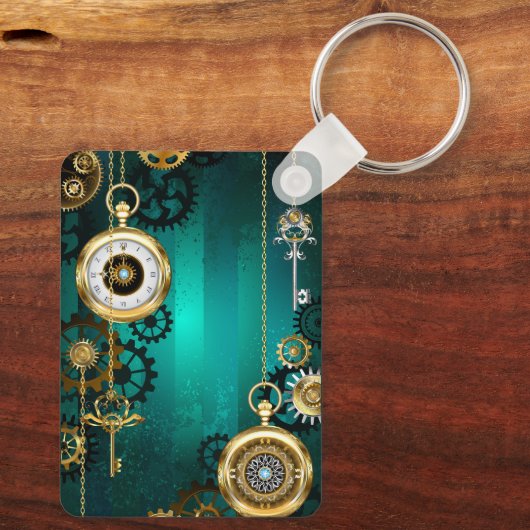 スチームパンクジュエリーウォッチを緑の背景 キーホルダー (裏面)