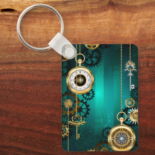 スチームパンクジュエリーウォッチを緑の背景 キーホルダー (正面)