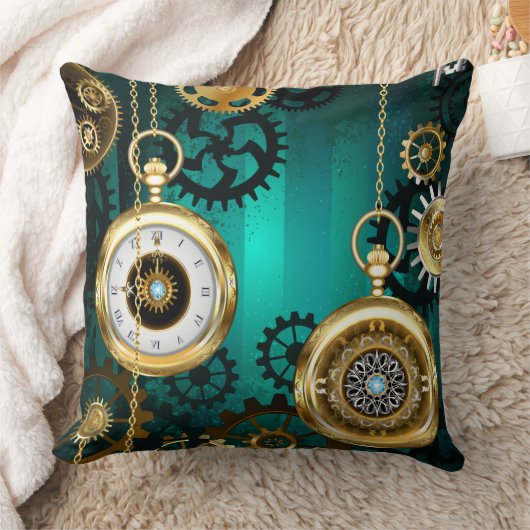 スチームパンクジュエリーウォッチを緑の背景 クッション (ブランケット)