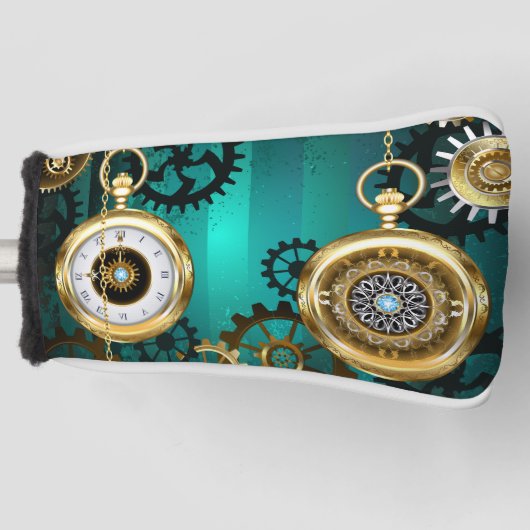 スチームパンクジュエリーウォッチを緑の背景 ゴルフヘッドカバー (正面)