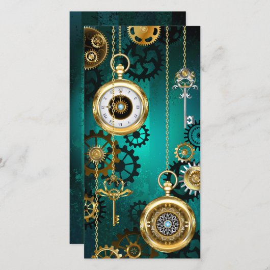 スチームパンクジュエリーウォッチを緑の背景 サンキューカード (正面/裏面)