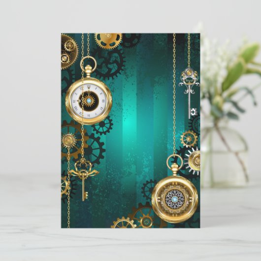 スチームパンクジュエリーウォッチを緑の背景 サンキューカード (スタンド正面)