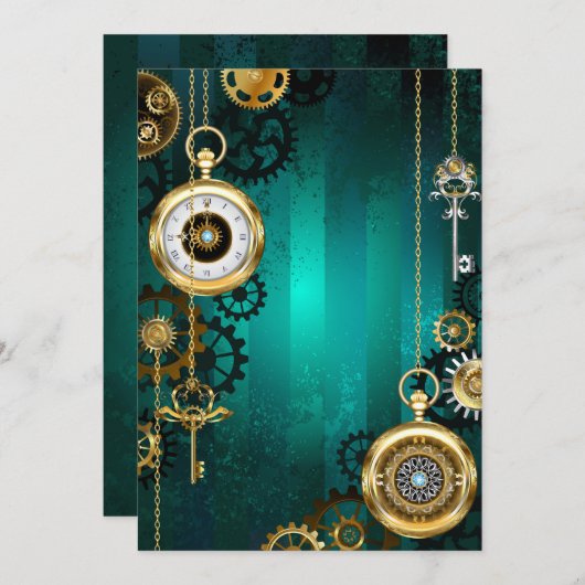 スチームパンクジュエリーウォッチを緑の背景 サンキューカード (正面/裏面)